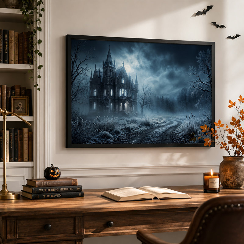 Château gothique au clair de lune sur un chemin sinueux et brumeux - Toile murale d'Halloween, H 24 po x l 36 po