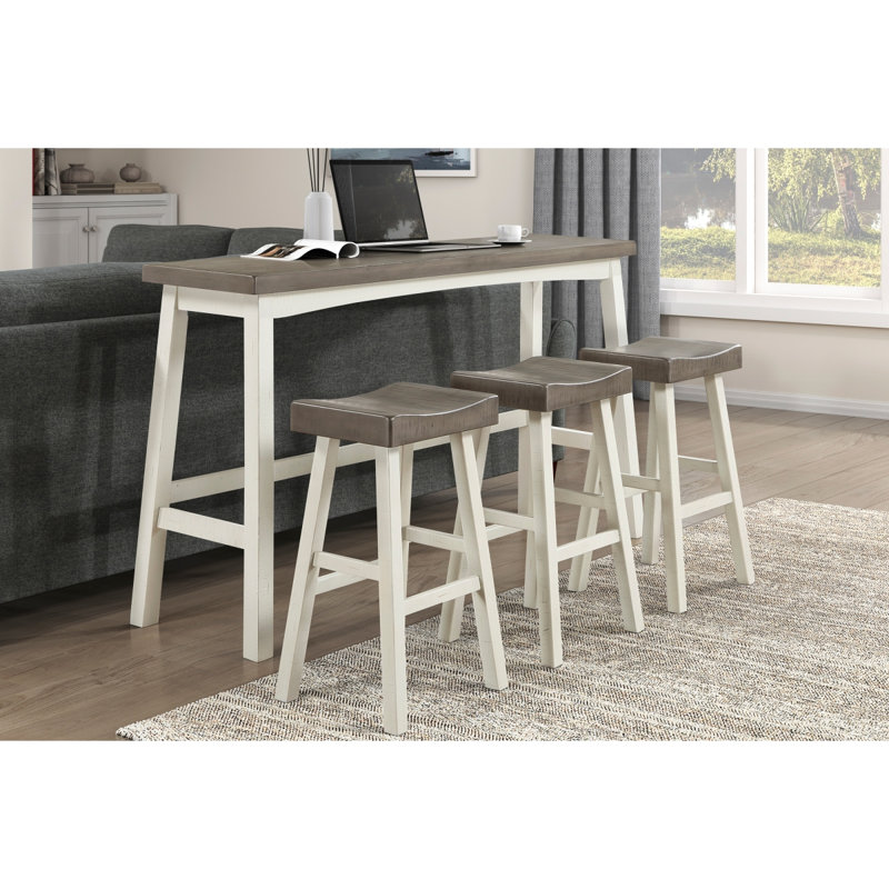 Ensemble bistro 4 pièces, tabourets de table et de bar et mobilier en bois d'hévéa massif transitionnel, Blanc, Café / blanc
