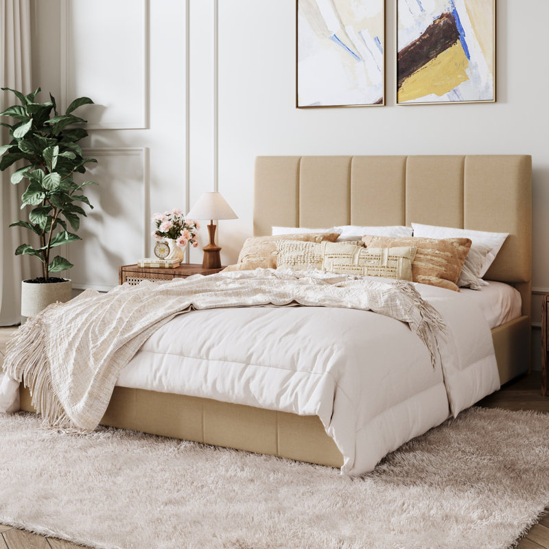 Lit plateforme tapissier hydraulique avec tête de lit réglable, Double, Beige