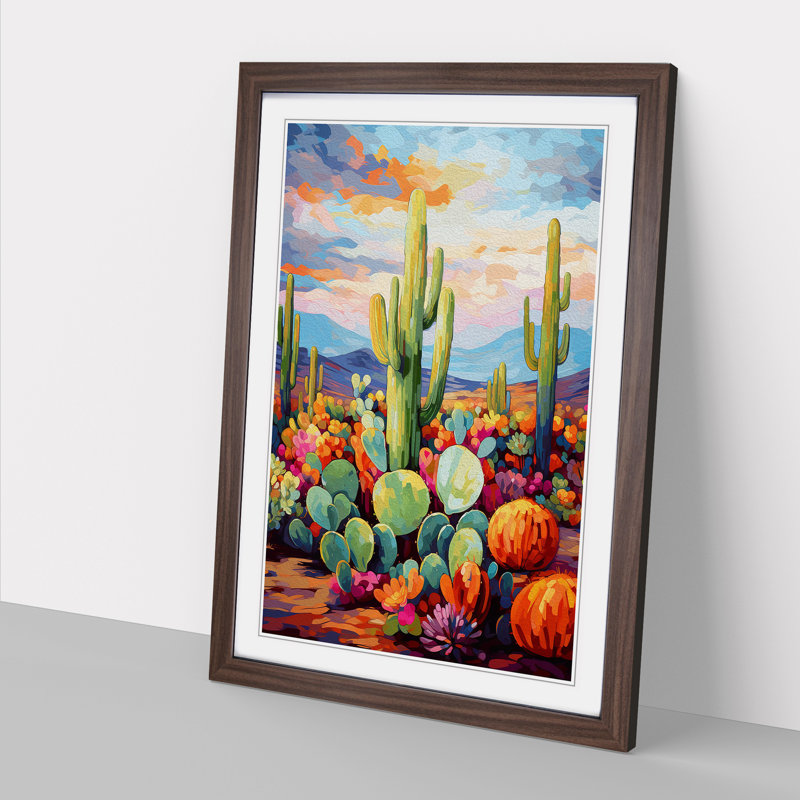 Cactus Impressionism Art - Framed Print, 64cm H x 46cm W x 2cm D, Walnut Framed