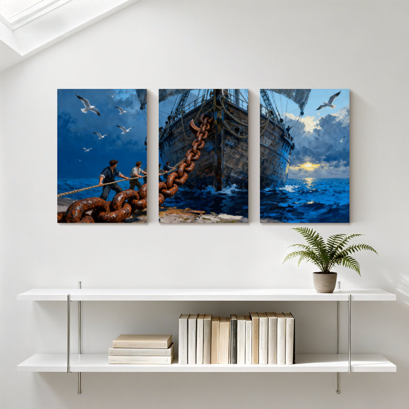 Scène maritime nautique avec bateau et ouvriers, ensemble de 3 impressions sur toile, H 18 po x l 36 po