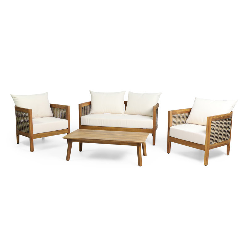 Boling Acacia 4 - Person Patio Conversation Set with Cushions, Teak, Polyester Beige