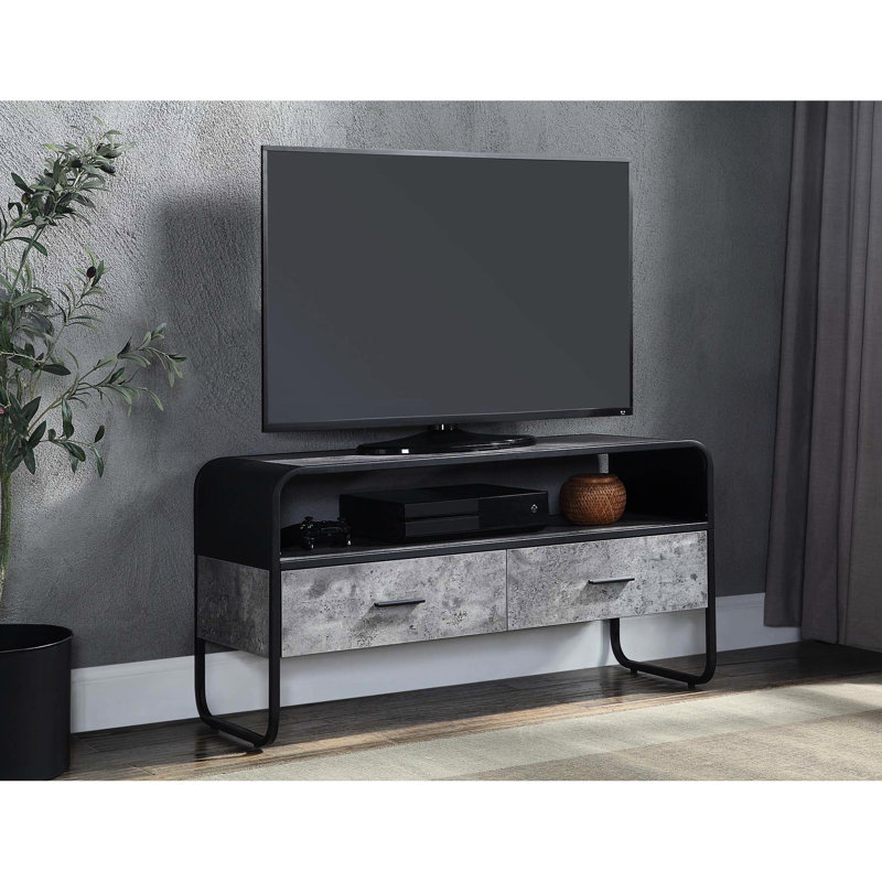 Meuble télé avec cadre en métal pour téléviseur de 40 à 49 pouces, 2 tiroirs de rangement, esthétique noire et gris béton, compartiment ouvert, finition décorative de style industriel, accent