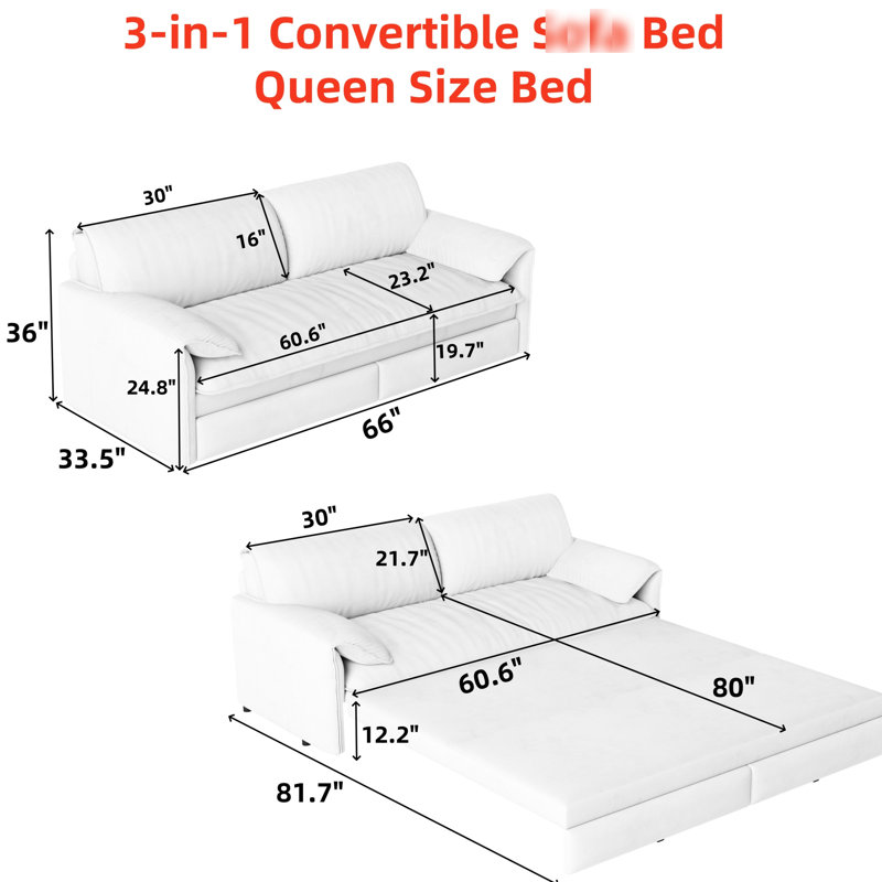Lit convertible 3 en 1, grand lit de 66 po, rangement latéral, lit escamotable en tube d'acier avec éponge haute densité et velours respirant