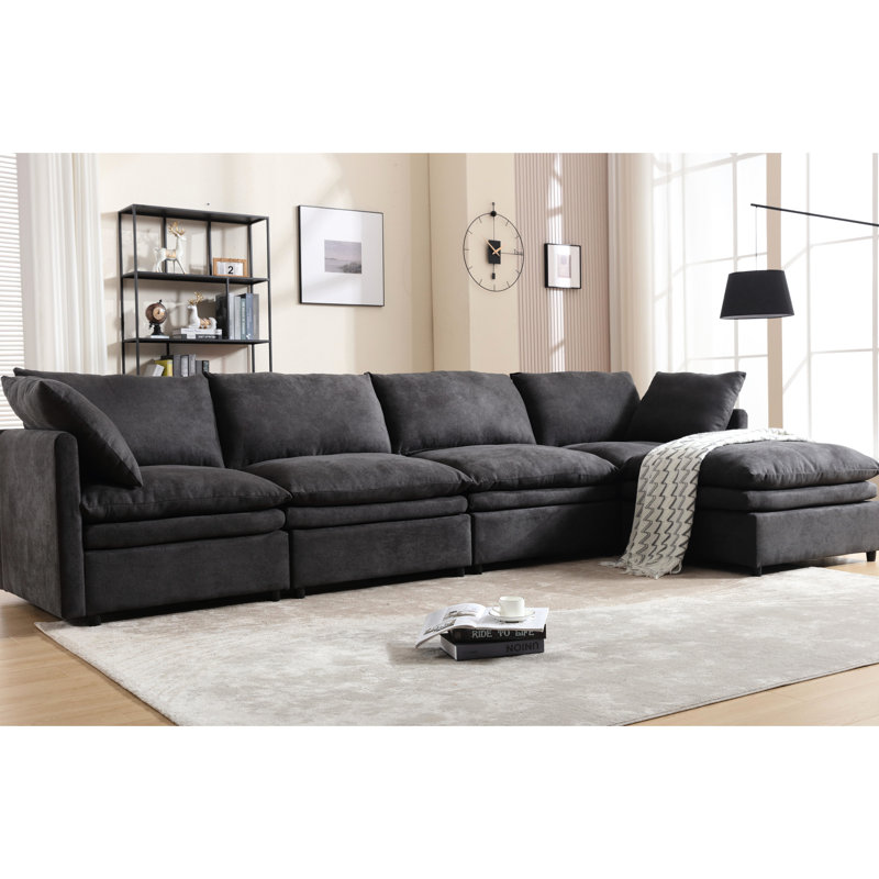 Salon avec canapé-lit en forme de U et méridienne - 5 pièces, gris foncé, structure en bois et en fer, coussins doubles 5 ressorts rembourrés