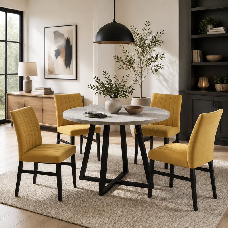 Ensemble de salle à manger 5 pièces, table à tréteaux ronde et 4 chaises rembourrées, gris et jaune, Yellow