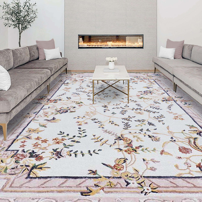 Tapis rectangulaire en laine / viscose tissé à la main en jaune / bleu / blanc, Rectangle 8 pi x 10 pi