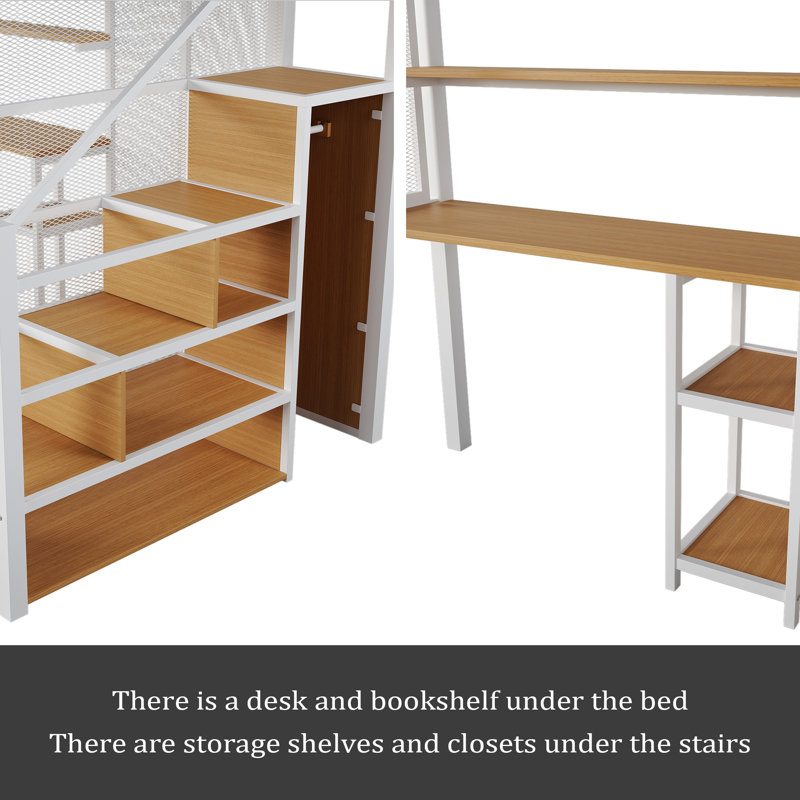 Full Size Metal Loft Bed With Wardrobe, Desk, Storage Shelves, White/Brown