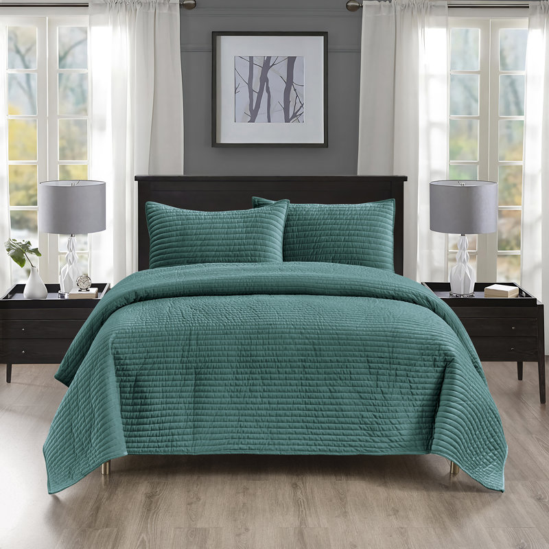 Pointehaven Mineral Blue Velvet Oversized Channel Quilt Set, King/California King, Mineral Blue