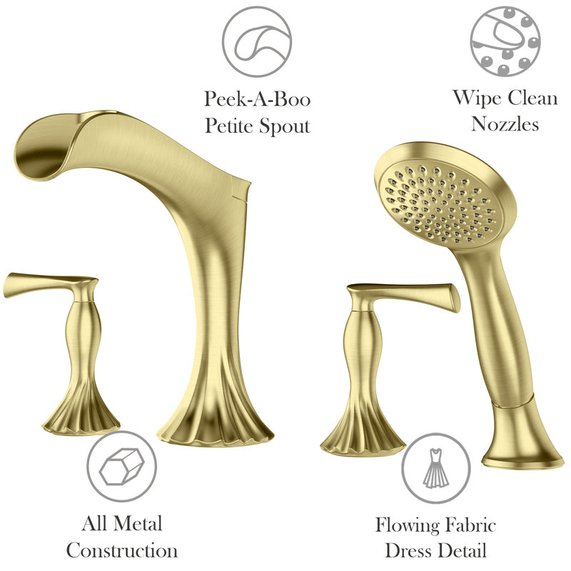 Garniture de robinet de baignoire romaine à deux poignées avec inverseur et douchette Rhen, Or brossé