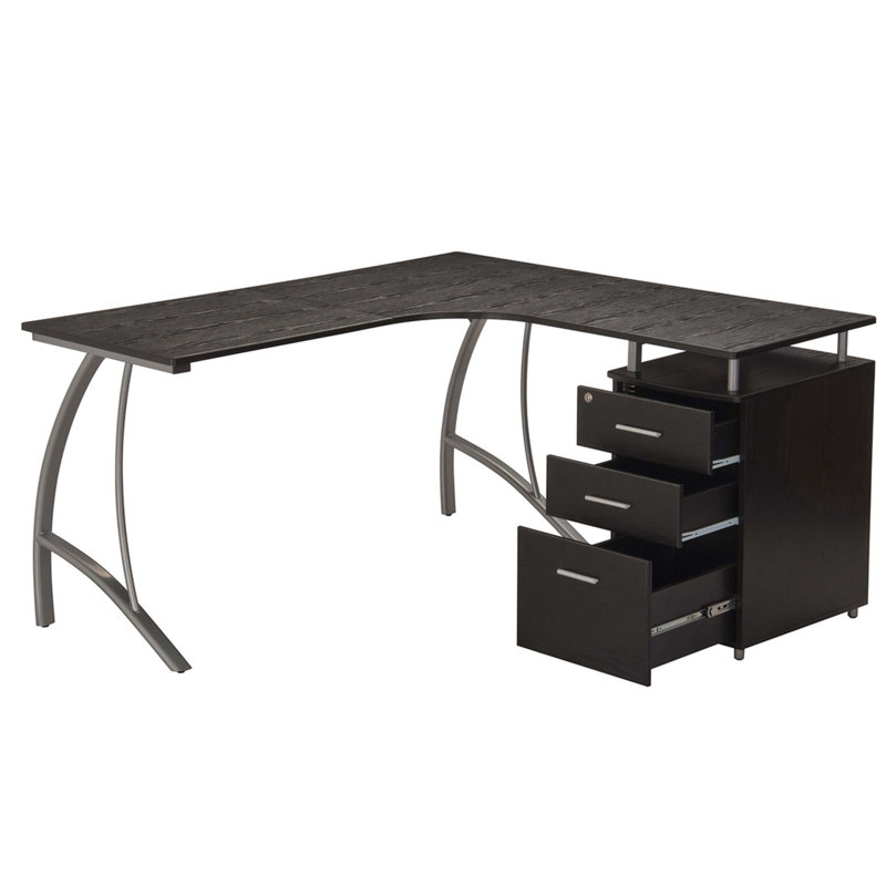 Bureau d'ordinateur moderne en L avec classeur et rangement