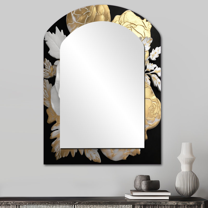 Exquisite White Rose Blooming Floral Gold Glam I - Rose Asymmetrical Decorative Mirror, Traditional Arch Wall Mirror, Printed Metal Art