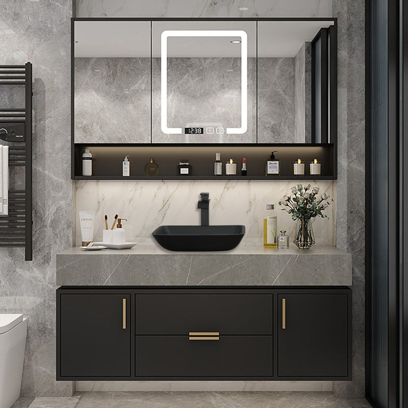 Lavabo de salle de bain vasque rectangulaire en verre noir mat fait à la main avec robinet