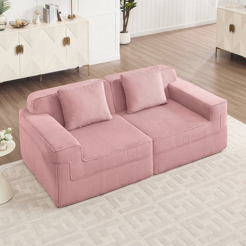 Canapé modulaire à 2 places sans siège, canapé modulaire Cloud avec assise profonde et canapé modulaire moderne à 2 places avec coussins décoratifs Tissu velours côtelé rose