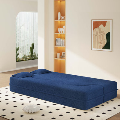 Modern Floor Sofa with 2 Pillows,Convertible Sherpa Fleece Fabric Foam-Filled Sleeper Sofa Bed,15" Twin Size Folding Mattress for Living Room,Guest Bed,Playroom,No Assembly Required