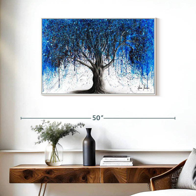 Arbre bleu au clair de lune, Cadre flottant blanc, 37 po x 25 po