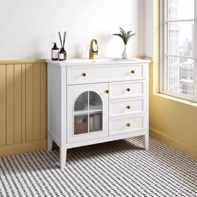 Meuble-lavabo haut de gamme blanc avec rangement 35,6 po Mid-Century