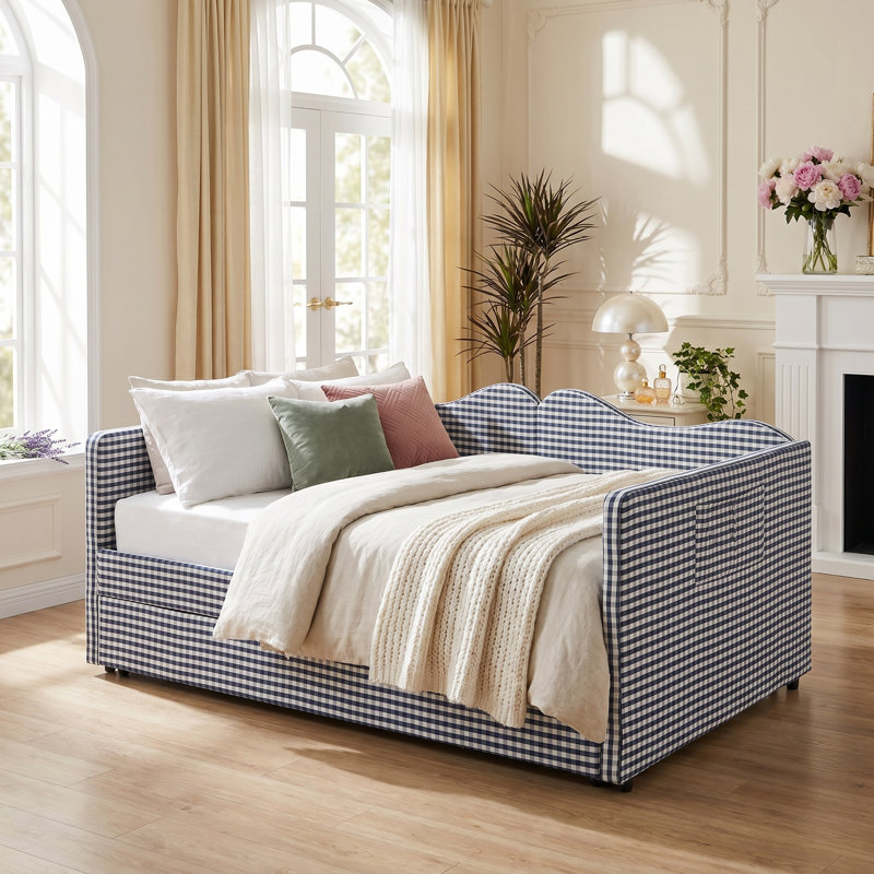 Lit de jour double avec lit gigogne escamotable, canapé-lit en vichy rembourré avec poche de rangement latérale, structure en bois massif, lit de jour multifonctionnel 3 en 1 pour chambre à coucher, chambre d'amis