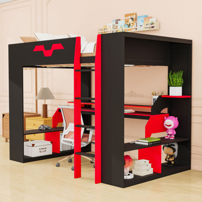 Full Wood Loft Bed with LED Light, Power Outlet and Shelves
