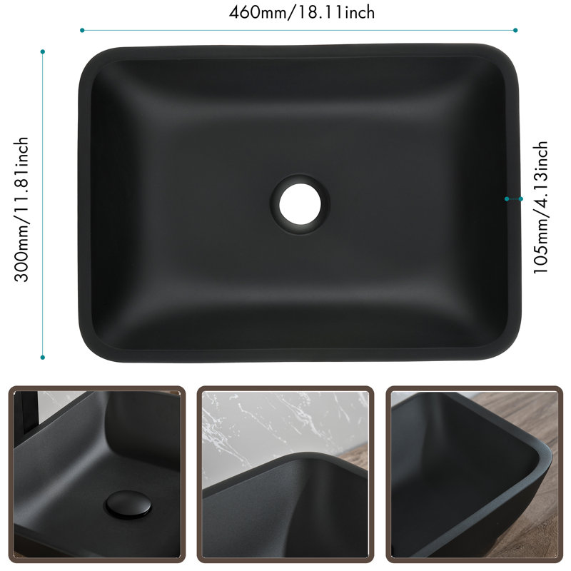 MONSFEST 12'' Glass Rectangular Bathroom Sink with Faucet, Matte Black