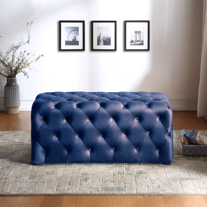 Repose-pieds capitonné rectangulaire à boutons 42 po Bouton, Bleu
