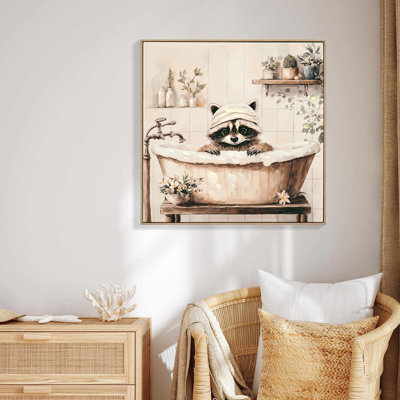 «Drôle de raton laveur dans une baignoire», art mural noir sur toile - peinture encadrée de 24 po x 24 po pour les toilettes et les toilettes | Idée de cadeau