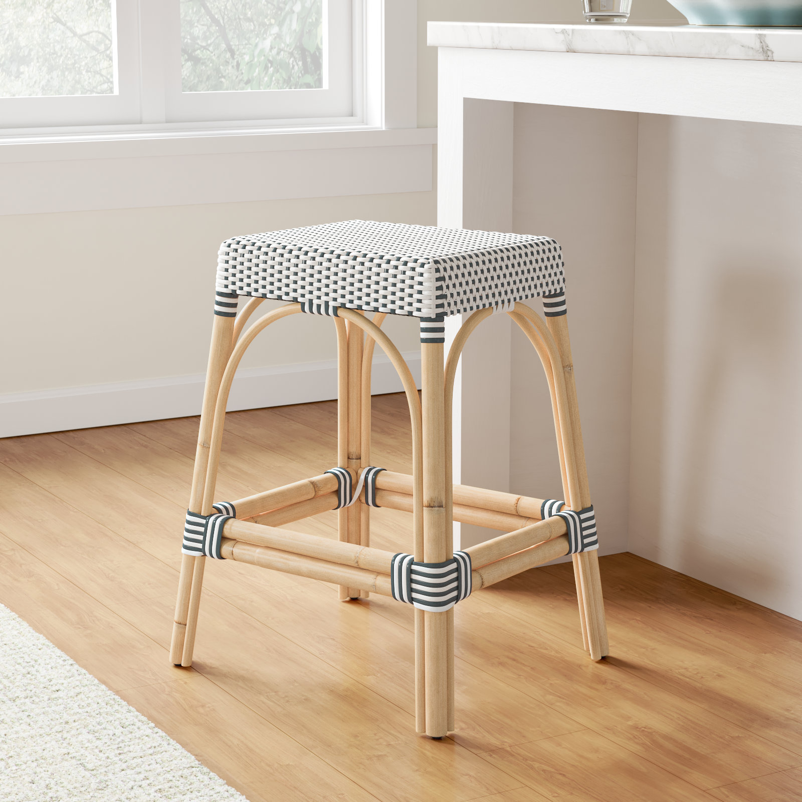Lennart Bar Stool, White/Navy Dot/ Natural Rattan Frame, Counter Stool (24.5" Seat Height)