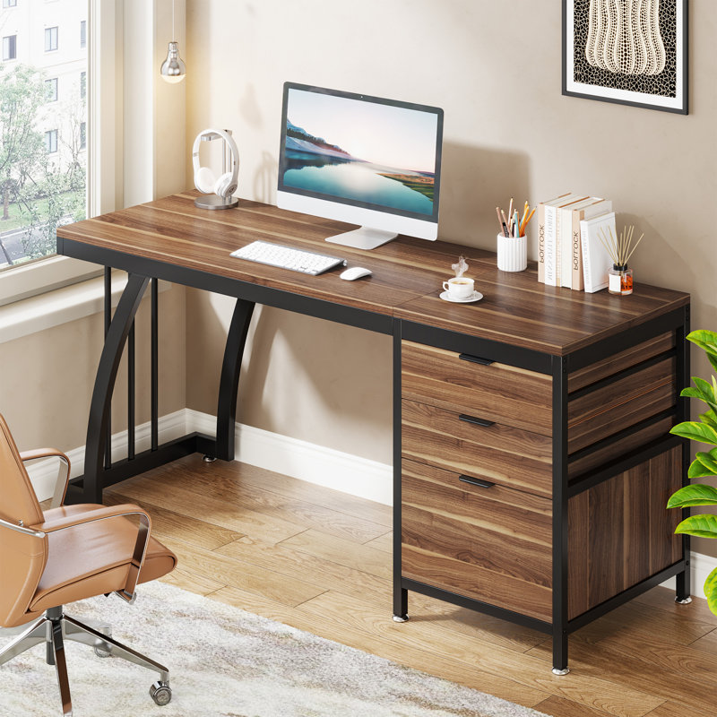 Syasia 59'' Computer Desk with 3 Drawers, Walnut/Black
