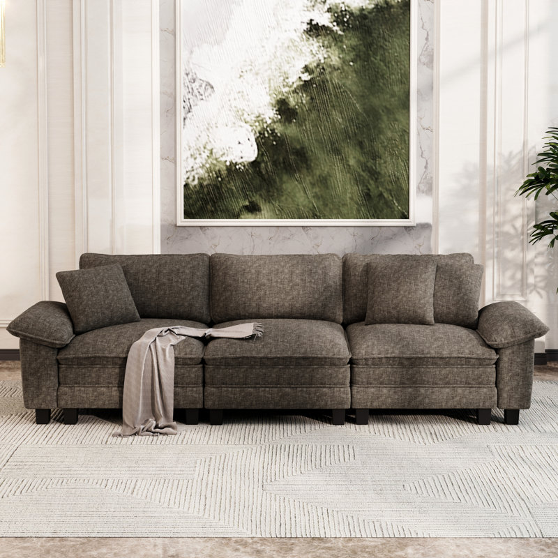124" Modular Sectional Sofa, Comfy Cloud Couch For Living Room, 3-seater Deep Seat Sofa With Throw Pillow, Ash Chenille