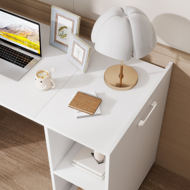 Bureau en L extensible avec tablettes ouvertes et roulettes, Blanc pur
