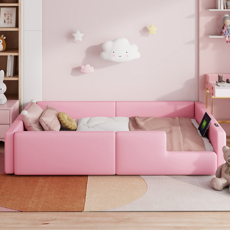 Lit plateforme tapissier simple avec garde-corps et station de charge, rose, Rose