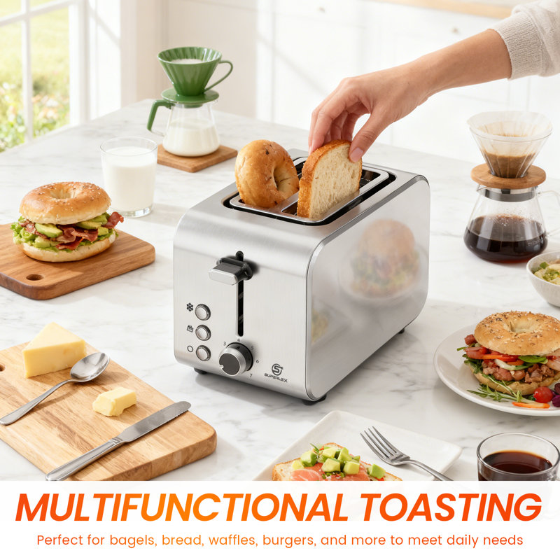 SUPERLEX 2-Slice Toaster 850W Brushed Stainless Steel with Extra Wide Slots | 7 Browning Settings, Defrost, Reheat & Cancel Functions, Removable Crumb Tray, for Bagels & Crumpets