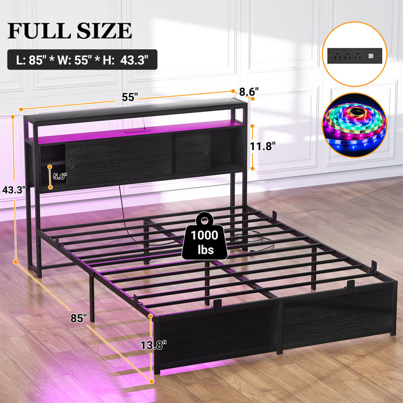Lit de rangement avec portes coulissantes, lumières DEL et station de charge USB, Double, Noir