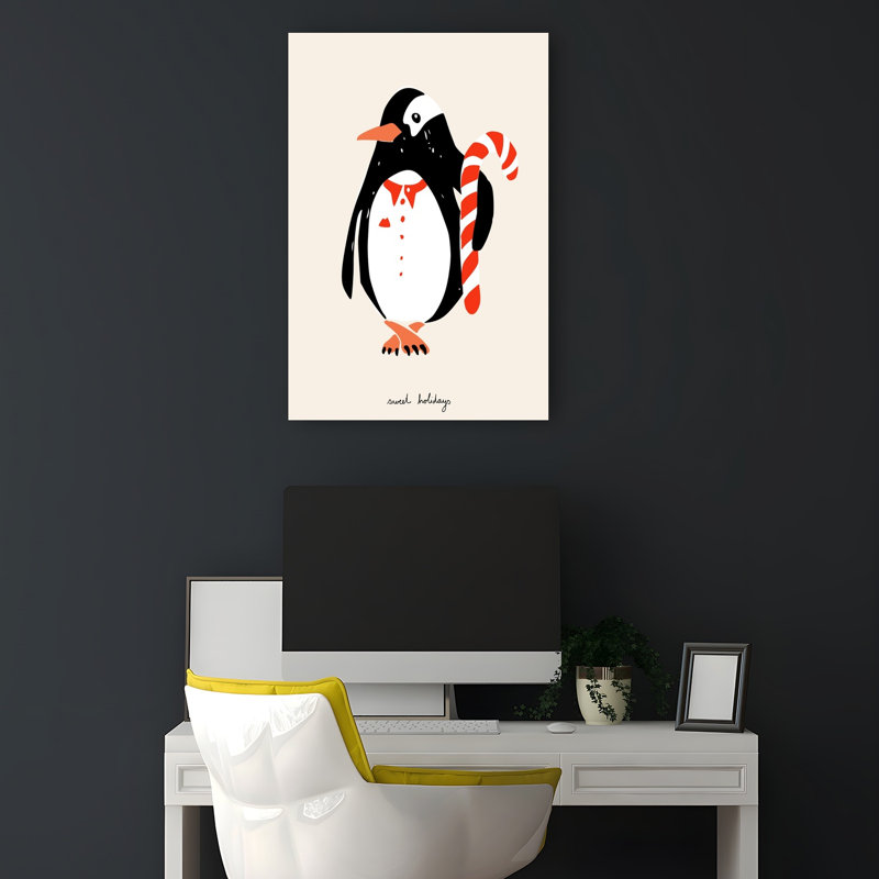 Sweet Holiday Penguin Elegant Playful Whimsical Bird Penguin Winter Wall Art Print 1 Piece Wrapped Canvas Wall Art