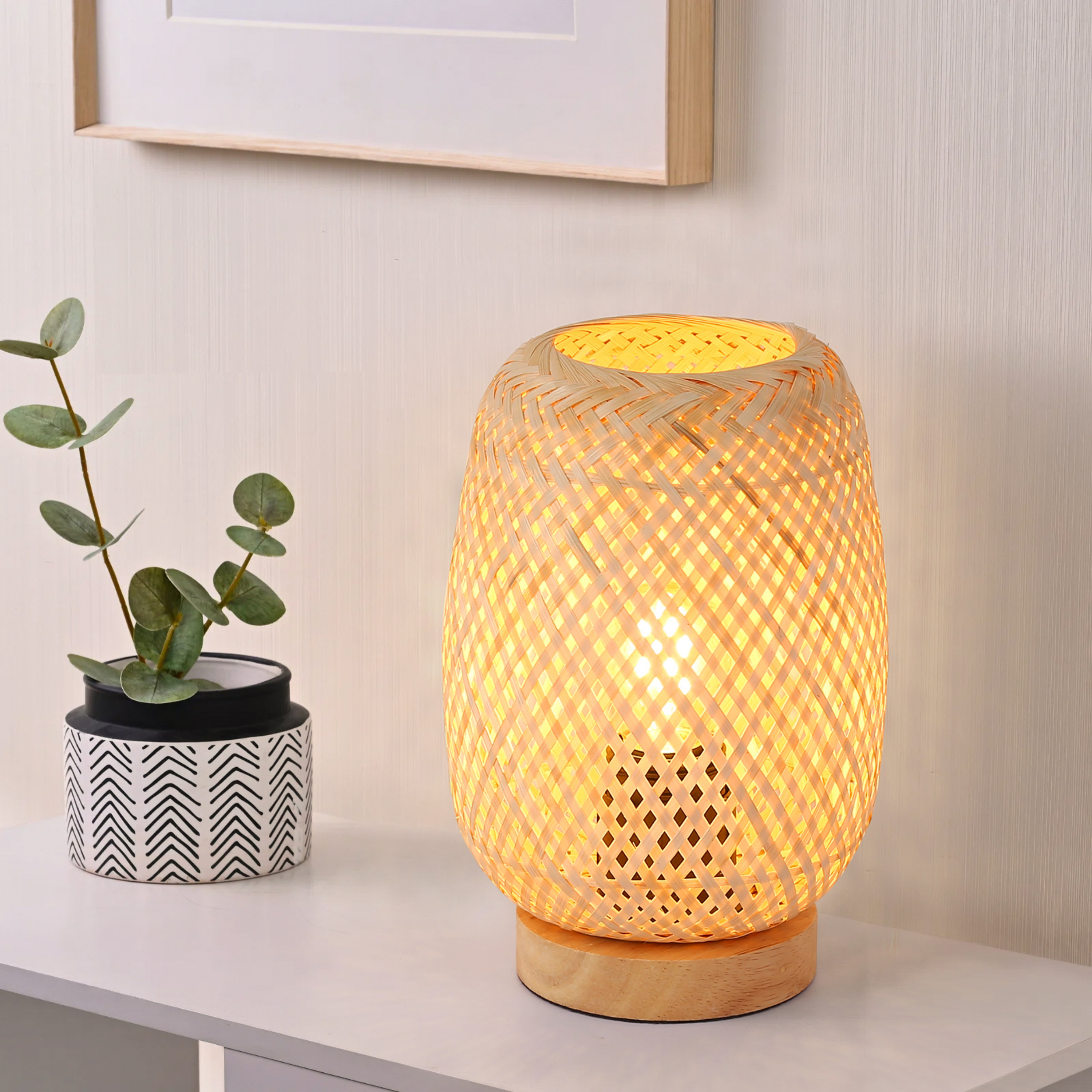 Bay Isle Home Benvolio Rattan Weave Bamboo Table Lamp With Wood Base Mini Wicker Desk Lamp Boho Farmhouse Nightstand Lamp | Wayfair