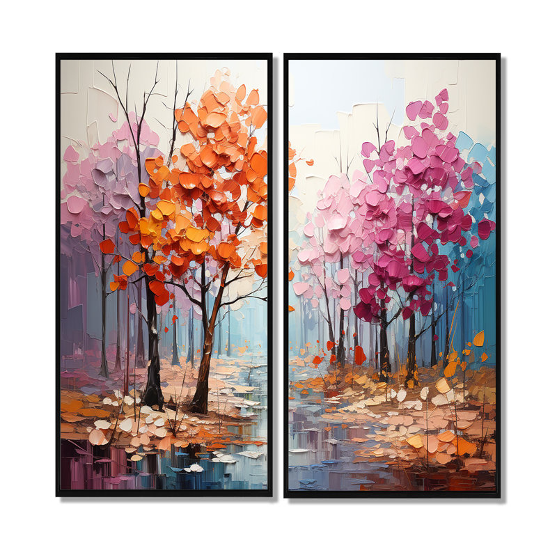 Orange, rose, Neo Primal Forest Collage - Art mural traditionnel, 40" H x 40" W, Impression encadrée flottante, Black