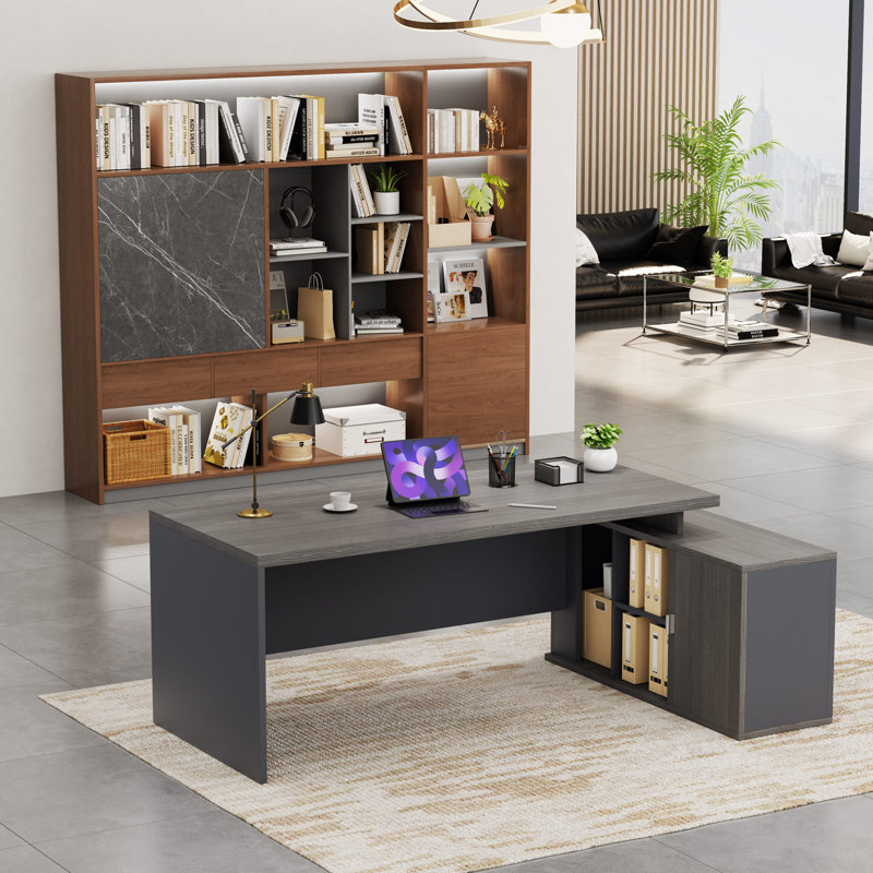 Bureau de direction luxueux et ergonomique avec design en L personnalisable et nombreuses solutions de rangement, Gris / Gris