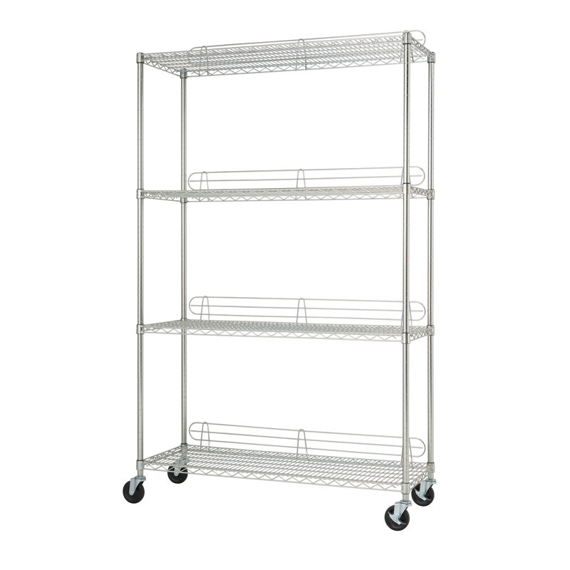 Adjustable Silver Steel 4-Tier Wire Shelving Unit with Wheels