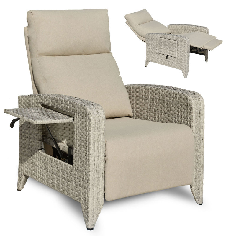 Dasai Wicker Outdoor Recliner Chair with Table, Beige, Gray