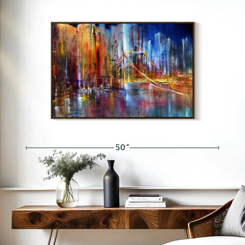 Paysage urbain vibrant, 37 po x 25 po, Cadre flottant noyer