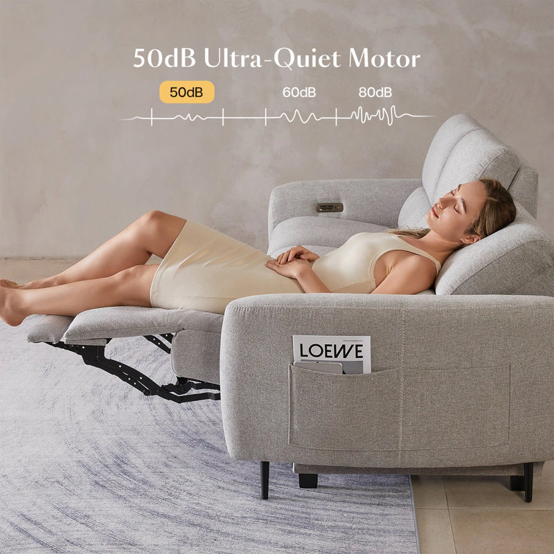 Pursifull Power Zero Wall Reclining Sofa with USB Ports, Light Gray Polyester, 3-Person Seating (With Console)