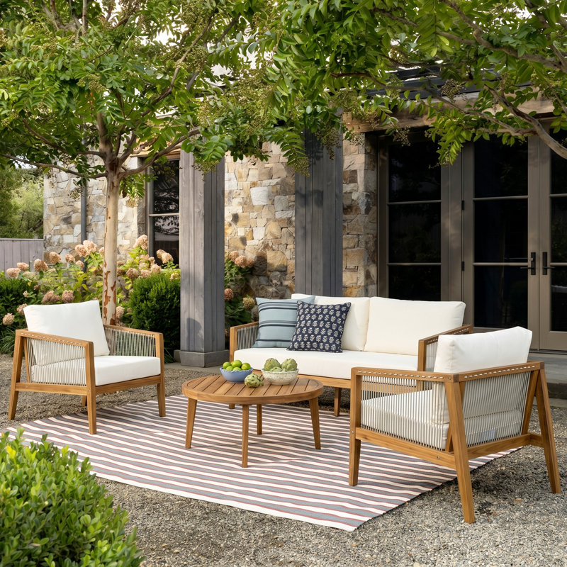 Breezara Outdoor 4-Person Acacia Wood Conversation Set With Rope Woven Back & Water-Repellent Cushions, Teak