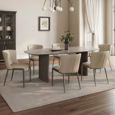 Modern 86" Gray Oval Dining Table Set With 6 Beige Fabric Side Chairs