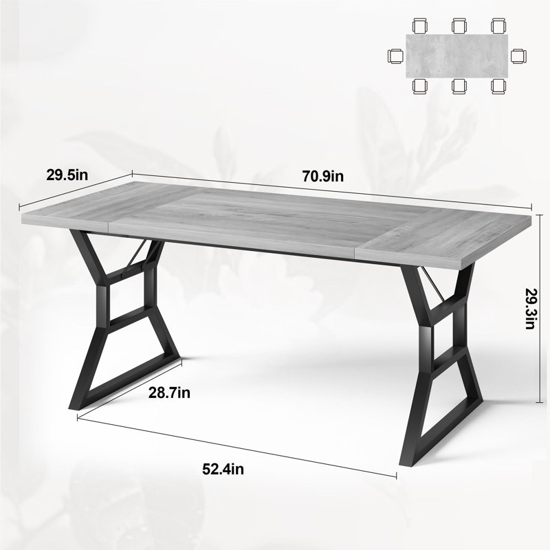 Dining Room Table For 6, 70 Inch Rectangular Kitchen Table With Heavy Duty Metal Legs, Gray