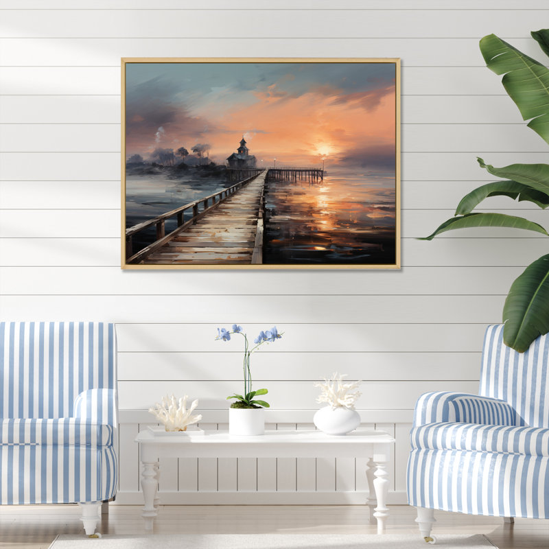 Pier Misty Morning Pier II - Coastal Pier Wall Art Prints, H 30 po x l 40 po x P 1,5 po, Cadre naturel flottant