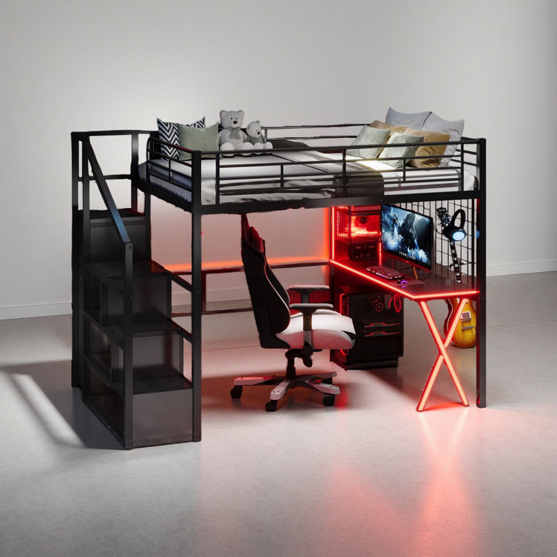 Lit mezzanine double en métal avec poste de travail intégré, garde-robe, escalier de rangement et DEL