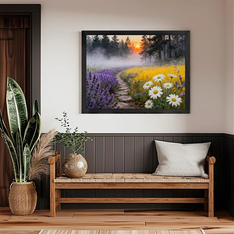 Art encadré noir, sentier floral coucher de soleil, impression de paysage brumeux impressionniste, H 25 po x l 37 po