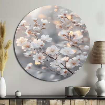 White Cherry Blossom Misty Morning - Cherry Blossom Round Metal Wall Decor
