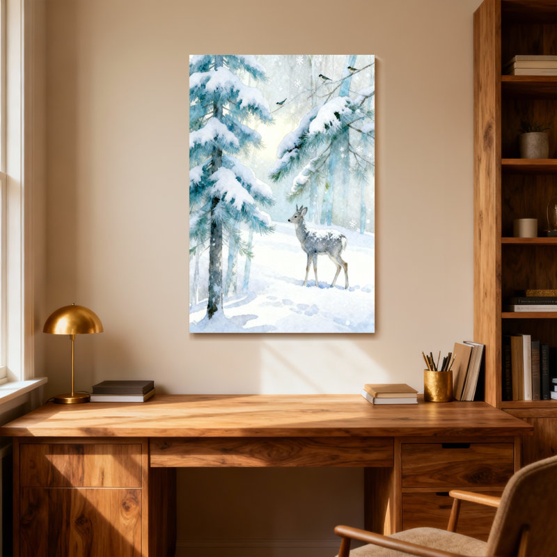 Animaux, hiver, forêt, cerf, arbres enneigés, neigeux, H 18 po x l 12 po