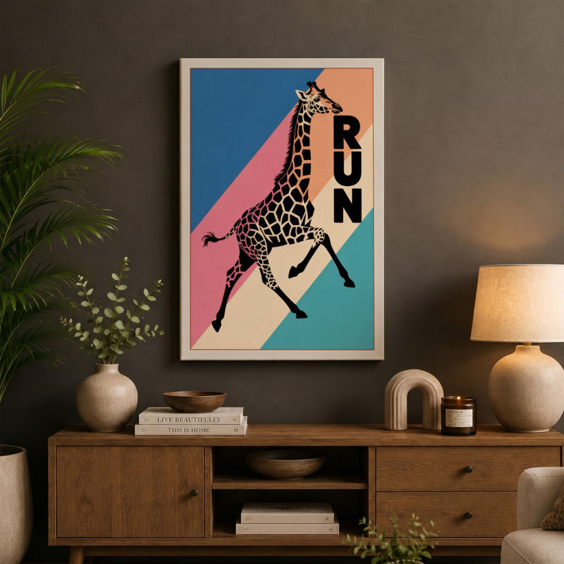 Giraffe Run Retro - Wrapped Canvas, 36x24 - 91.4 x 61.0 cm, Teal Border
